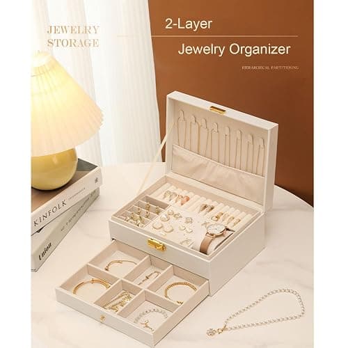GUOER Jewelry Box for Women Girl Wife - Large PU Leather Jewelry Organizer Storage Case with Two Layers Display for Earrings Bracelets Rings Watches (White) thumbnail 5