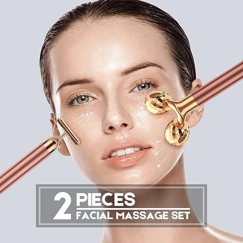 2-IN-1 Beauty Bar 24k Golden Pulse Facial Face Massager, Electric 3D Roller and T Shape Arm Eye Nose Head Massager Facial Roller Massager Kit Skin Care Tools thumbnail 2