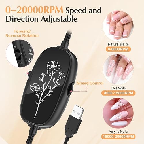 JIASHENG USB Electric Nail Drill, Portable File for Acrylic Gel Nails, Professional Manicure and Pedicure Kit With Drill Bits for Home and Salon Use, Black thumbnail 2