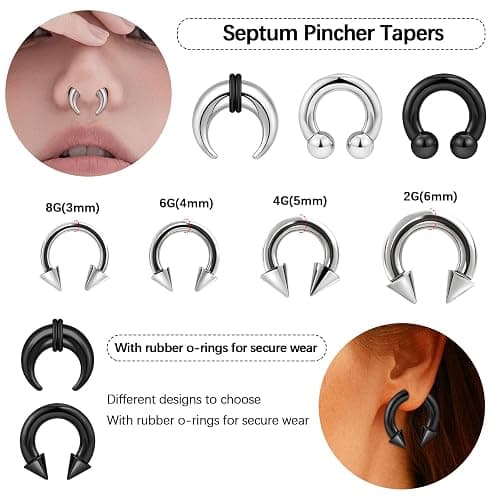 Qmcandy 6-12pcs Septum Pincher Tapers 8G 6G 4G 2G Stretching Kit C Shape Septum Piercing Jewelry Heavy Ear Gauges Earrings Horseshoe Nose Rings for Women Men thumbnail 2