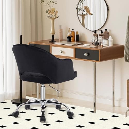 MOJAY Modern Vanity Chair with Wheels, Mid-Back Cutout Velvet Home Office Chair, Swivel Height-Adjustable Soft Seat Cute Desk Chair with Arm Support (Midnight Black) thumbnail 3