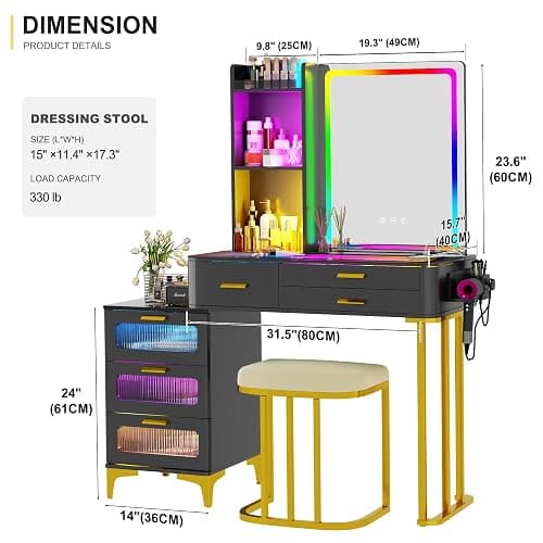 HNEBC Vanitys with HD Glass Display Table, Makeup Desk with Lighted Mirror and Charging Station, Dressing Table with RGB Lights,Jewelry Organizer,Cabinet,6Drawers,Chair for Women/Girls (Black) thumbnail 2
