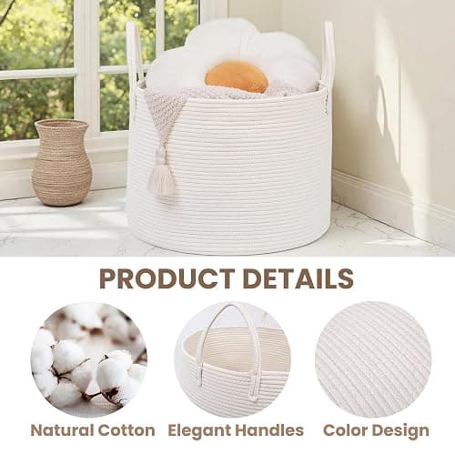 JMvicyroam Woven Blanket Basket,65L Large Rope Storage Bin with Handles, Organizer for Blankets Toys Book and Clothes, Laundry Basket for Living Room Bedroom Nursery,White thumbnail 3
