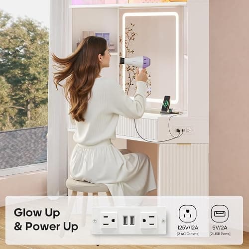 HAUOMS Corner Vanity, with Bag Showcase, LED Lights, Fluted Wood Luxury Makeup Vanity Desk with Mirror, Big Dressing Table with Glass Top, Cabinets, Shelves, Drawers, Charging Station, White thumbnail 7