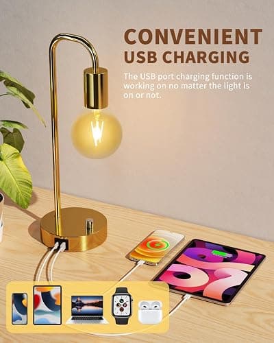 ONEWISH Industrial Table Lamp with 2 USB Port, Stepless Dimmable Nightstand Bedside Lamps for Bedroom,Desk Lamps with 2700K Gold Gradient Bulb for Reading Living Room thumbnail 2