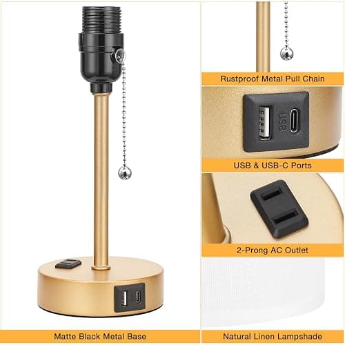 Dicoool Small Bedside Lamps 3 Color Modes - 3000K 4000K 5000K Bedroom Lamps with USB C and A Ports, Pull Chain Gold Table Lamps with AC Outlet, Nightstand Lamps with Gold Metal Base for Kids Reading thumbnail 6