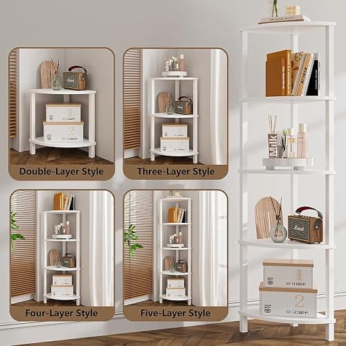 VIMBER Corner Shelf, 5-Tier Corner Bookshelf, Industrial Corner Ladder Shelf, Modern Display Shelf for Living Room, Bedroom, Kitchen, Home Office, White UJSJ001W thumbnail 4