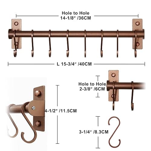 Dseap Kitchen Utensil Holder Hanger, Pot and Pan Rack Wall Mounted, Kitchen Rail with 8 Hooks for Hanging Cooking Utensils, Mugs, Spoons, Wall Mounted, Antique Copper New, Pack of 2 thumbnail 3