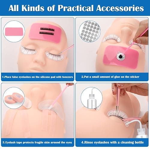 VISCOO Eyelash Extension Kit for Beginners,Lash Extension Kit | Professional Lash Starter Kit with with Mannequin Head, Lash Fan, Lash Extension Supplies for Practice Training Kit (Pink) thumbnail 4
