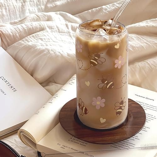 SANDJEST Bee 16oz Can Glass Tumbler with Acrylic Lid & Straw - Iced Coffee Cup for Women Girls, Aesthetic Cups Gifts for Birthday Christmas thumbnail 2