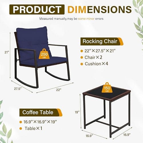 SUNCROWN 3 Piece Outdoor Rocking Bistro Set Brown Wicker Furniture Porch Chairs Conversation Sets with Glass Coffee Table, Dark Blue thumbnail 3