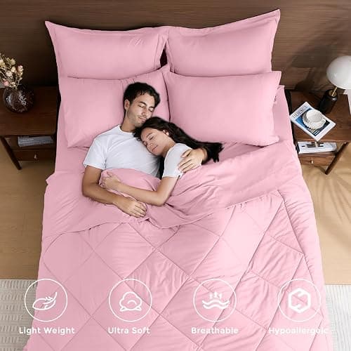 HEVUMYI Pink Queen Comforter Set - 7-Piece All Season Bed in a Bag Queen, Ultra Soft Bedding Set with Comforter, Flat Sheet, Fitted Sheet, Pillowcases, Pillow Shams, Pink thumbnail 2