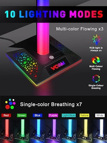 V VCOM RGB Gaming Headphones Stand with 2 USB Ports Headset Stand with 10 Light Modes and Non-Slip Rubber, Suitable for All Earphone Accessories, Best Gift for Husband, Kids, Boyfriend thumbnail 3