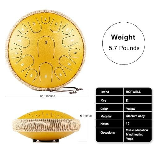 HOPWELL Steel Tongue Drum - 13 Inches 15 Notes Tongue Drum - Hand Pan Drum with Music Book, Drums Mallets and Carry Bag, D Major (Yellow) thumbnail 5