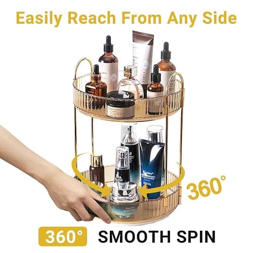 Asayuee 360 Rotating Gold Makeup Organizer,2 Tier Large Capacity Rotating Makeup Organizer,SkincarePerfume Organizer,Bathroom Cosmetics Storage Organizer Countertop (Gold-2 Tier) thumbnail 4