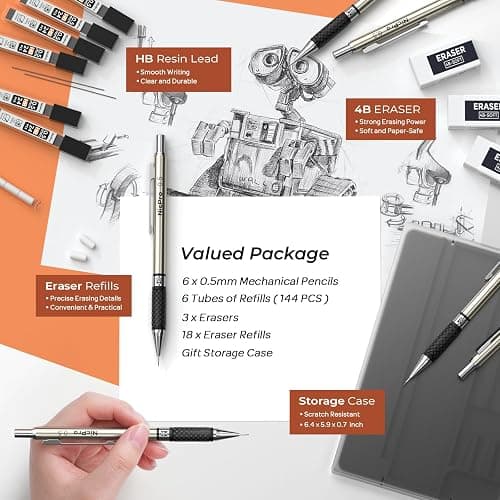 Nicpro 0.5 mm Art Mechanical Pencils Set in Case, 6 PCS Metal Drafting Pencil Lead Pencil 0.5mm with 6 Tube HB Lead Refills, 3 Erasers, 18 PCS Eraser Refills for Artist Writing, Drawing, Sketching thumbnail 4