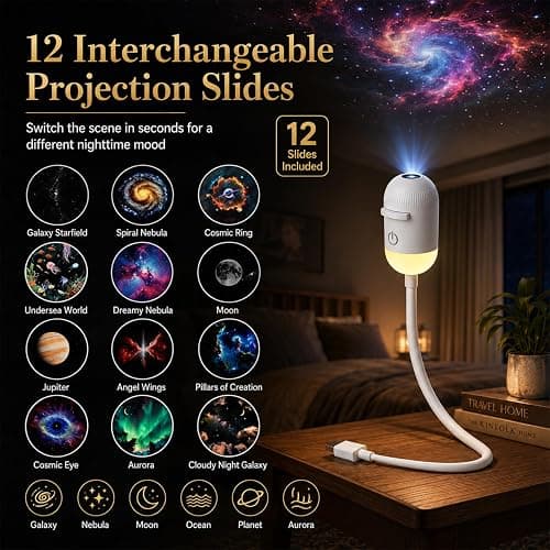 Galaxy Starry Sky Night Light Projector, 2-in-1 Portable with 12 Projection Films, 360° Adjustable Brightness Control Eye‑Caring LED Night Light for Kids Adults Bedroom Home Ceiling Car Decor Gift thumbnail 3