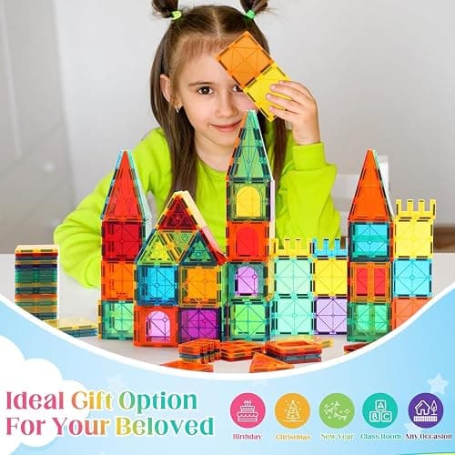 OugerToy 104PCS Magnetic Tiles STEM Building Blocks for Kids Ages 3-9 | Educational Stacking Toys with Car Bases, Creative Construction Gift for Boys Girls OugerToy thumbnail 4