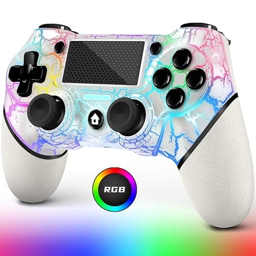 AceGamer Wireless Controller for PS4, White Crack Custom Design with RGB Light,1000mAh Battery and 3.5mm Audio Jack, V2 Gamepad Joystick Compatible with PS4/Slim/Pro and Windows PC! (White-Light Up) - Image 1