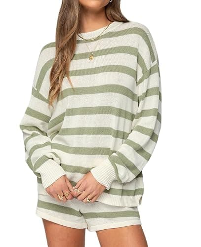 NUFIWI Women Striped Knit Sweater Set 2 Piece Outfit Oversized Long Sleeve Sweater and Shorts Matching Lounge Sets - Image 1