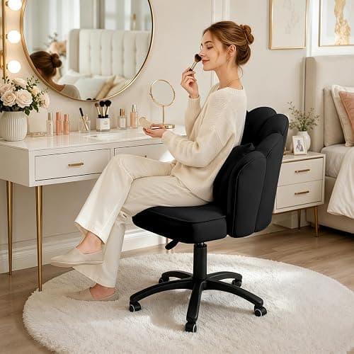 HDHNBA Vanity Chair Velvet Petal Desk Chair Upholstered Modern Tufted Home Office Chair with Back,Height Adjustable Computer Task Chair for Bedroom Living Room(Black) thumbnail 3