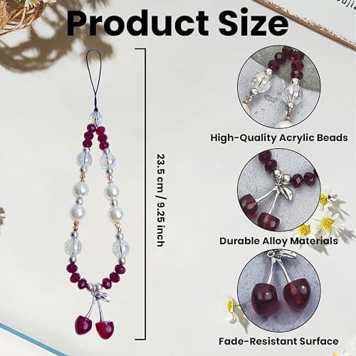 Cunegra Cherry Phone Lanyard, Red Beaded Wrist Strap, Universal Phone Case Charm, Drop Shape, Acrylic Material, True Loop, CHARM Type, One Size, No Metal/Gemstone, Cherry Design, Female Target thumbnail 2