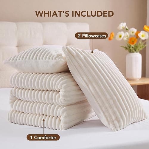 HYLEORY Fluffy Queen Comforter Set 3 Pieces - Fleece Fluffy Soft & Warm Plush Cream White Comforter Sets, Luxury Fuzzy Bedding Sets, All Season Heavy Bed Set Queen Size with 2 Pillowcases thumbnail 5