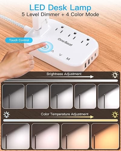 Power Strip with LED Desk Lamp, 3 Outlets 4 USB Ports(2 USBC) 4 Modes 5 Level Touch Lamp Small Desk Lamp for Home Office Bedroom Bedside, Study Reading Light, 5ft Extension Cord, Dorm Room Essentials - 5 Ft - White thumbnail 3