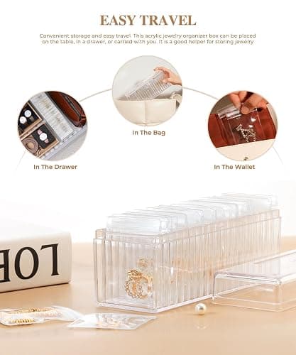HOMEHIVE Acrylic Jewelry Box Organizer, Clear Jewelry Organizer and Storage with 20 Portable Anti Tarnish Jewelry bags, Travel Jewelry Case for Earrings/Rings/Necklaces Gifts for Women Girls, Clear thumbnail 6