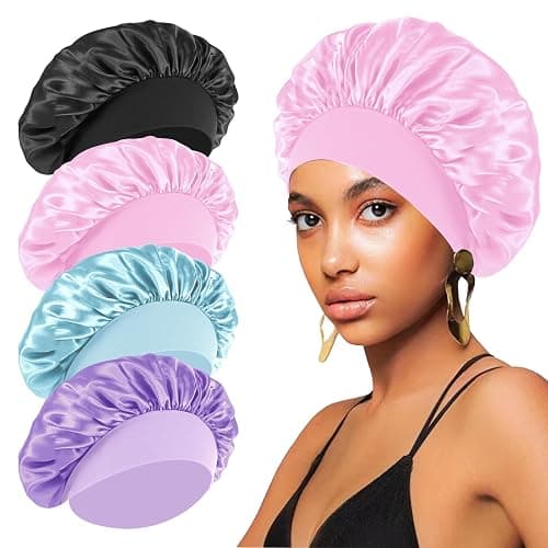 4PCS Satin Hair Bonnet for Sleeping,Bonnets for Black Women Men,Silk Bonnet for Sleeping,Hair Wrap Cap for Curly Hair,Elastic Wide Band Hair Bonnet Shower Cap (Black & Blue & Pink & Purple) - Image 1