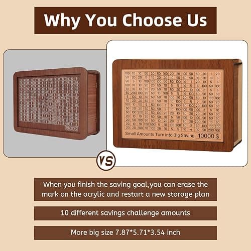 10000 Kakeibo Wooden Money Saving Challenge Box Cash Vault Piggy Bank for Adults Kids Savings Goals Smash Box Saver (10 Amounts) thumbnail 5