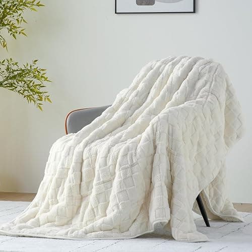 Uttermara Sherpa Fleece Weighted Blanket Queen Size(15lbs, 60" x 80", Cream White), 3D Jacquard Checkered Warm Sherpa Heavy Blanket for Adults, Soft Fuzzy Weighted Blankets for Couch Bed Sofa - Image 1