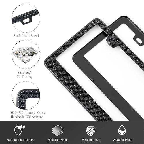 FIISFIIS Bling License Plate Frame for Women,2 Pack Premium Stainless Steel Rhinestone License Plate Holder,Handmade Glitter Crystal Diamond Girl Lincense Plate Tag Cover,Bedazzled Sparkly-Black thumbnail 3