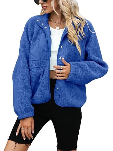 Yanekop Womens Fleece Jacket Fuzzy Long Sleeve Short Winter Coats Button Down Sherpa Jacket Outerwear with Pockets thumbnail 2