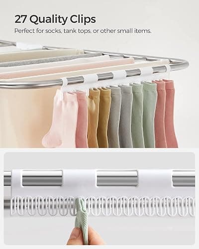 SONGMICS Clothes Drying Rack, Foldable 2-Level Laundry Drying Rack, Free-Standing Laundry Airer, with Height-Adjustable Wings, 33 Drying Rails, Sock Clips, Silver and White ULLR053W01V1 thumbnail 5