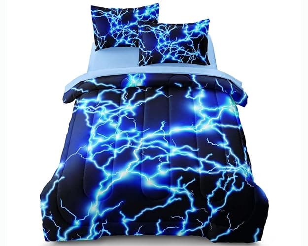 Leaflin Twin Size Bed in A Bag Lightning Bedding Set for Boys Blue Comforter with Sheet Set, 5 Pieces Kids Teen Cool Quilt Bedding Set - Image 1