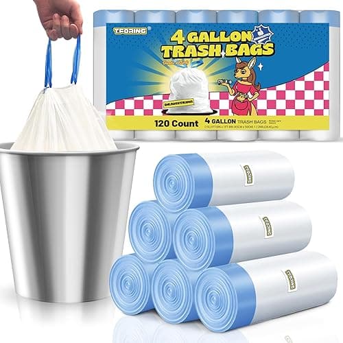 T.FORING 4 Gallon Trash Bags Drawstring 1.1 Mil - 120 Count White Small Garbage Bags Unscented for Bathroom, 15 Liter Thick Plastic Wastebasket Liners for Toilet Home Office and Bedroom - 4gal-120 - Image 1
