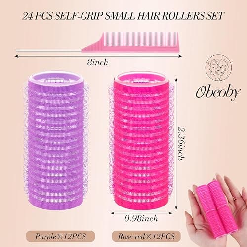 24 Pcs Self-Grip Small Hair Rollers Curlers Set, 25 mm, Rose Red and Purple | For Women Girls Short Hair Bangs Tight Curls, No Heat Hair Curlers to sleep in Home Travel Heatless Styling Accessories Gifts thumbnail 2