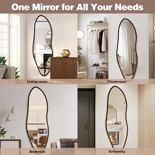 TheiaMo Irregular Full Length Mirror, 65"x22" Wooden Farmhouse Full Body Mirror, Large Asymmetrical Wall Mirrors for Living Room Entryway, Horizontal/Vertical, Walnut thumbnail 8