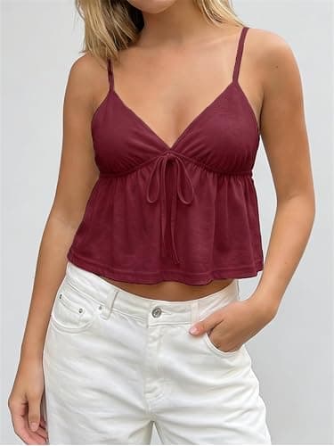 Women Y2k Flowy Ruffle Hem Cami Tank Top Casual Solid Color Deep V Neck Sleeveless Peplum Camisole Summer Beachwear thumbnail 4