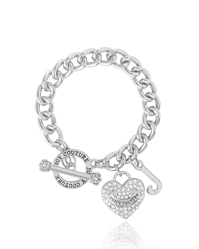 Juicy Couture Bracelets for Women 7-7.5", Heart Charm Bracelets | Silver or Gold-Tone, Lobster Clasp or Toggle Closure, Dangle Heart Charm or Pendant, Sparkly Clear Stones - Image 1
