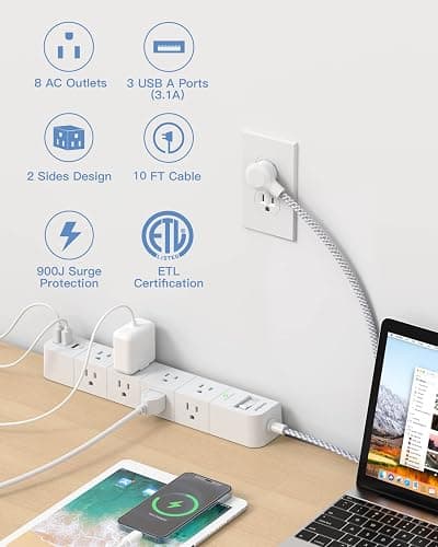 One Beat 10 ft Extension Cord,Power Strip Surge Protector 8 Widely AC Outlets 3 USB,Flat Plug,Desktop Charging Station with Overload Protection,Wall Mount for Home,Office,Travel,Computer ETL Listed - 10FT - White thumbnail 2