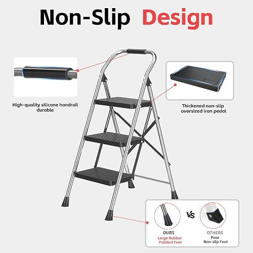 Step Ladder Foldable Folding Stool - for Home Adults Kitchen 3 Stepping Extension Tall Heavy Duty with Handrails - Closet Stepstool Stair Ladders Extendable Stepladder for Indoor House 600Lbs thumbnail 5