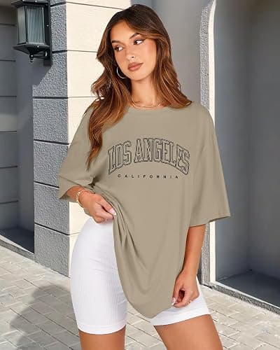 Womens Oversized Tshirt Graphic Tees Crew Neck Summer Short Sleeve Loose Fit Tops - XX-Large - A-los Letter Print thumbnail 6