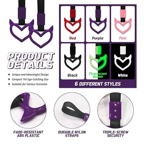 JUYQZ 2 Pcs Devil Heart Shaped Car Handle Strap – Drift Charm Rear Bumper Warning Ring Decor for Car Interior Exterior, Subway Bus Handle Accessory, Cute Heart Car Decor Gift for Drivers (Purple) thumbnail 4