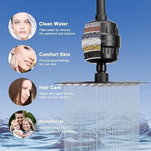 NearMoon Filtered Rain Shower Head, High Pressure 8″Square, and 5 settings Handheld Shower Filter Combo with Self-adhesive Holder/1.5M Hose -1 Replaceable Filter Cartridge (Matte Black) thumbnail 3