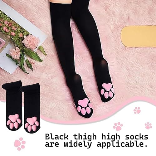 YREYBN 1 Pair Thigh High Socks, Pink Cute Cat Paw Pad Socks, 3D Kitten Claw Stockings for Girls Women, Knee High Socks for Cosplay Halloween Party and Daily Lives(Black) thumbnail 5