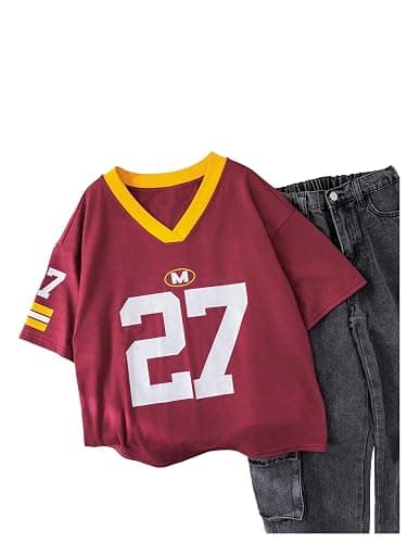 SOLY HUX Girl's Number Graphic Oversized Jersey Shirts V Neck Half Sleeve Y2k Tee Tops - 10 Years - Burgundy Number thumbnail 5