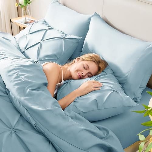HIMEET Queen Comforter Set 7 Pieces Bed in A Bag Light Blue Luxury Soft Queen Size Bed Set Pintuck Pinch Pleat Bedding Sets with Comforter, Flat Sheet, Fitted Sheet and Pillowcases & Shams thumbnail 8