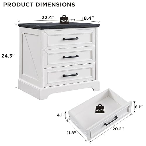 ACCOHOHO Farmhouse Nightstand with Charging Station, 22 Inch Wide End Table with 3 Large Drawers & Bar Handles, Rustic Wood Small Dresser Chest of Drawers for Bedroom, Living Room, Closet, Off White thumbnail 2